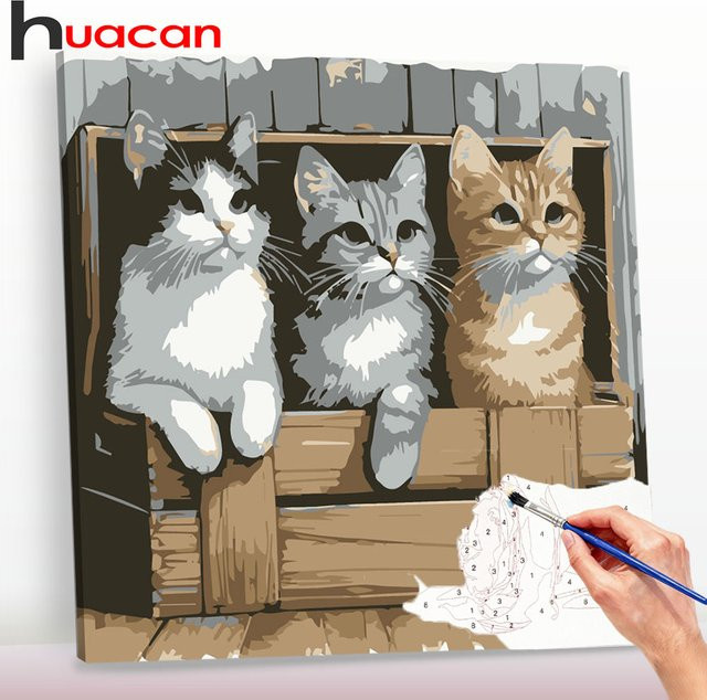 Huacan Malen nach Zahlen Set mit drei Katzen als DIY digitales Ölgemälde auf Leinwand in Mehrfarbig - Bild 1