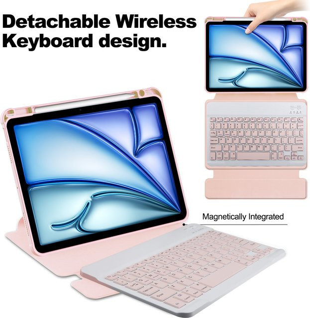 Unflyge Lederhülle für iPad Air 11 2025 mit 360 Grad drehbarer Tastatur in Transparent, Blau oder Pink - Bild 1