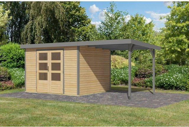 Karibu Gartenhaus Ernesto mit Anbaudach in Natur/Grau, B: 298 cm, T: 209 cm, H: 242 cm - Bild 1