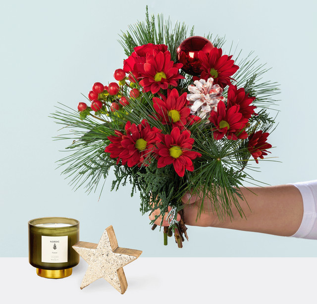 BLUME2000 Wintergruß Geschenkset Bouquet Chrysanthemen Rosen red green Weihnachten - Bild 1