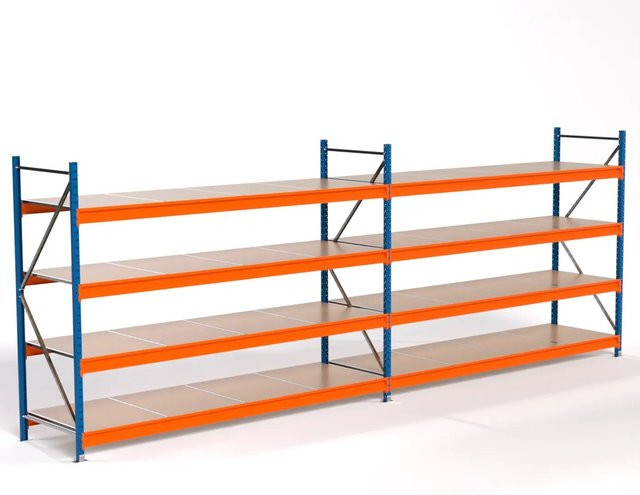 PROREGAL Industrie Weitspannregal MAXIMUS PRO Komplettregal mit 2 Feldern und 4 Spanplatten-Fachböden, Blau-Orange, H: 200 cm, B: 550 cm, T: 80 cm - Bild 1