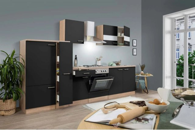 Respekta Küchenzeile Schwarz-Eiche Sägerau ohne Elektrogeräte mit Soft-Close-Glasfronten, Breite: 300 cm - Bild 1