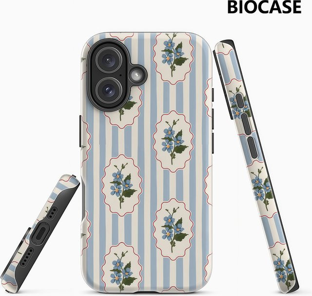 Handyhülle mit blau-weißen Streifen und blauem Blumenmuster für Apple iPhone 17 16 15 14 13 12 Pro Max Plus mit doppellagiger Rückseite in Blau und Weiß - Bild 1