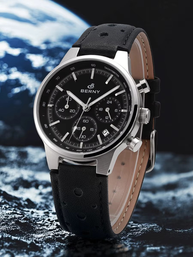 BERNY Chronograph, Quarz, Edelstahl, Leder, Schwarz, Herren - Bild 6