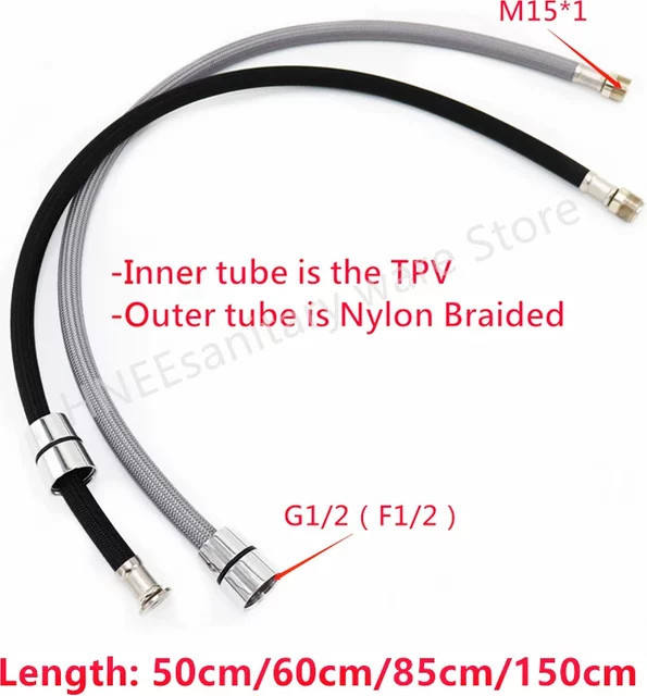 Flexibler Nylon-Wasserhahn-Schlauch für ausziehbare Küchenarmaturen, F1/2 M15 * 1, Schwarz/Grau - Bild 1
