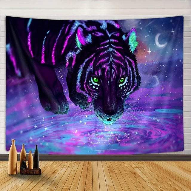 VIKAMA Neon Tiger Sternenhimmel Wandteppich als Wandbehang für dein Wohnzimmer oder Gaming Zimmer - Bild 1