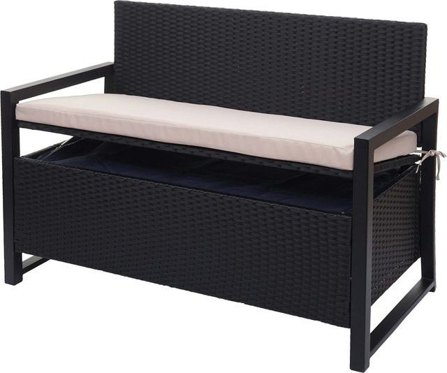 MCW Poly-Rattan 2er Sitzbank F39 als Gartenbank und Truhenbank mit Staufach in Anthrazit inklusive beiger Kissen - Bild 1
