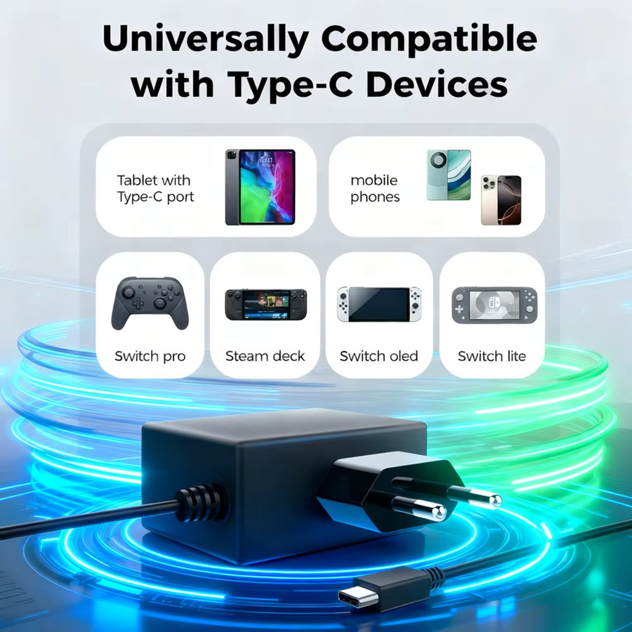 OBHO 39 W GaN-Netzteil mit 1,8 m Kabel in Schwarz, kompatibel mit Nintendo Switch, Switch Lite und Switch OLED, unterstützt TV-Modus und Schnellladung für Pro Controller - Bild 5