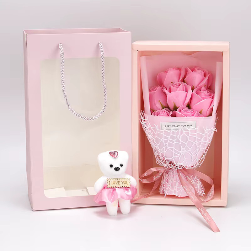 RTBXF Künstlicher Seifen-Rosenstrauß, 7-teilig, mit Teddybär-Geschenkbox - Bild 2