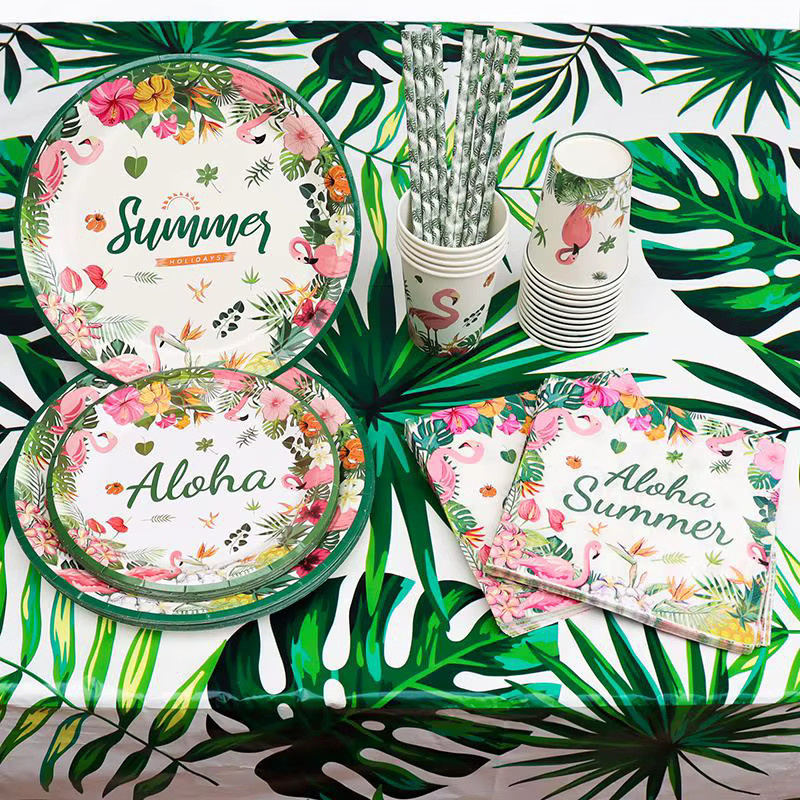 Alivparty Hawaii Party Geschirr Set mit Flamingo und tropischen Palmblättern, bunt, aus Papier und Kunststoff - Bild 2