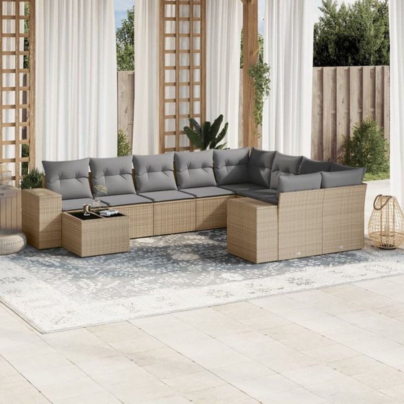 Vidaxl 10-teiliges Gartenmöbel-Set aus Polyrattan mit Kissen und Glas in Beige - Bild 1