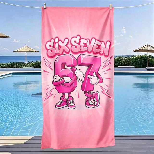 JINGYUE Pet Strandtuch Rosa mit Cartoon Zahl 67, leichtes Sommerhandtuch für Strand, Schwimmbad und Yoga, B/B: 120 x 180 cm - Bild 1