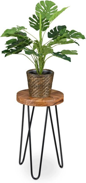 Relaxdays Blumenhocker aus Akazienholz und Eisen in Dunkelbraun und Schwarz, runder Retro-Hocker, Höhe: 42 cm, Durchmesser: 25 cm - Bild 1
