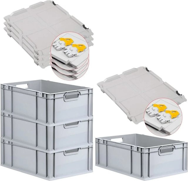 PROREGAL SuperSparSet 4x Eurobox NextGen Grip mit Scharnierdeckel und gelben Schiebeschnappverschlüssen, Grau, H: 22 cm, B: 40 cm, T: 60 cm - Bild 1