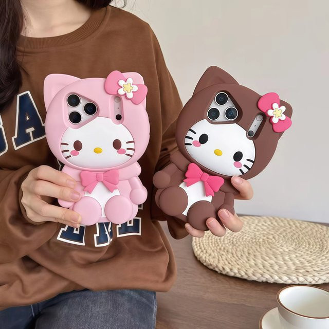 Sanrio Hello Kitty Handyhülle in Pink mit Schleife, Beinständer und Lanyard für iPhone 12 bis iPhone 17 Pro Max Plus - Bild 1