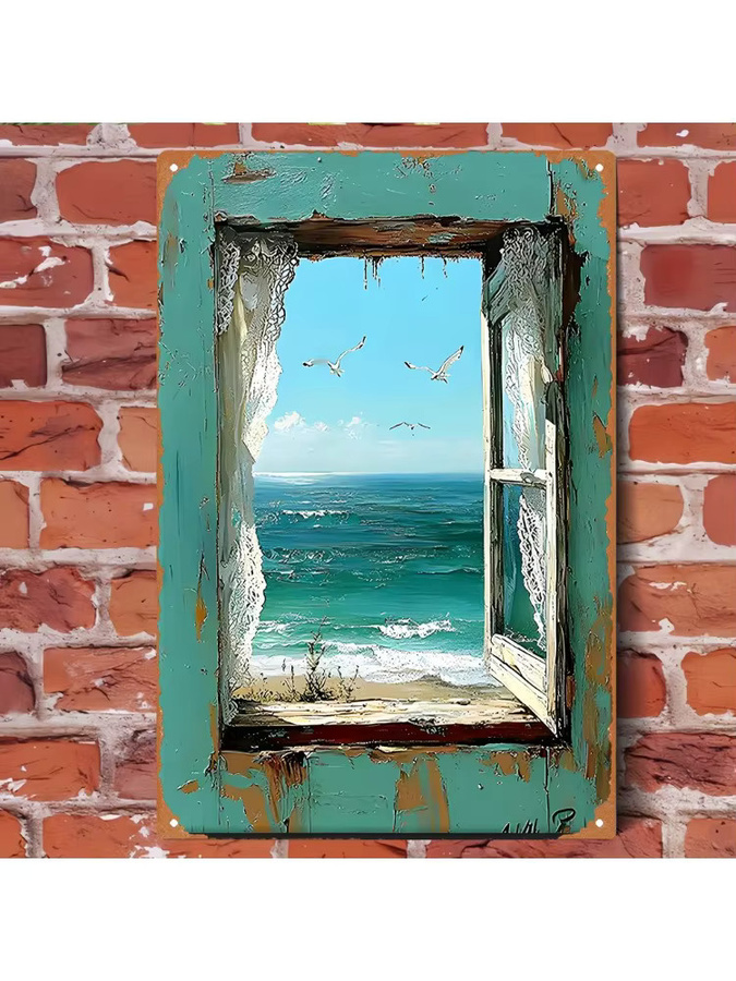 Vintage Metallschild CIFBUY Gebrochenes Fenster mit Möwen am Meer Retro Blechbild Wandkunst B: 30 cm, H: 20 cm, T: 1 cm, Mehrfarbig - Bild 4