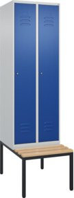 C+P Spind Classic PLUS Garderobenschrank mit Sitzbank, 2 Abteile, B/T/H: 212 x 60 x 81,5 cm, Zylinderschloss, 4 Garderobenhaken, mittige Trennwand, Buche-Hartholz und Stahl - Bild 1