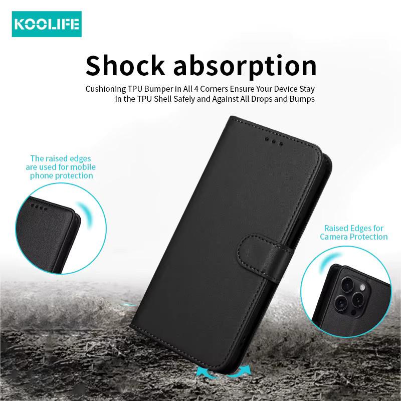 Koolife Multifunktions-Flip-Wallet-Hülle aus schwarzem PU-Leder mit Anti-Drop-Kartenhalter für iPhone 11, 12, 13, 14, 15, 16 Pro Max - Bild 4