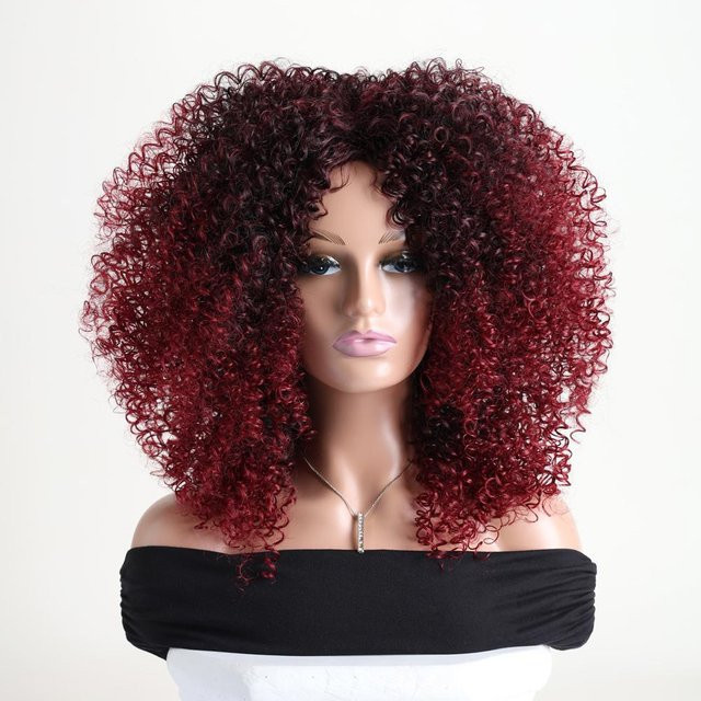 Afro Kinky Curly Haarperücke mit Pony, 16 Zoll, Synthetikfaser, Damen - Bild 1