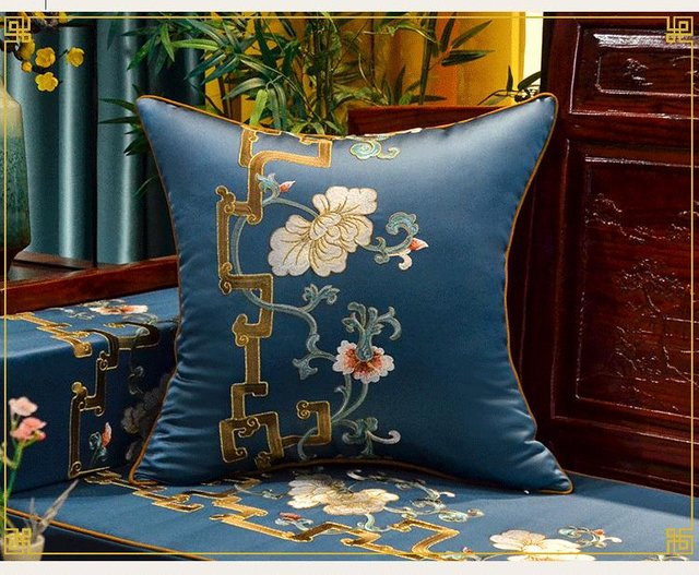 Veemi Stick-Kissen im chinesischen Stil mit floralem Design, Farbe: Blau, B/H: 35 x 50 cm - Bild 1