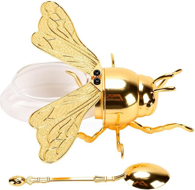 Fishine Honigbehälter aus Glas in Bienenform mit Löffel, transparent und goldfarben - Bild 1