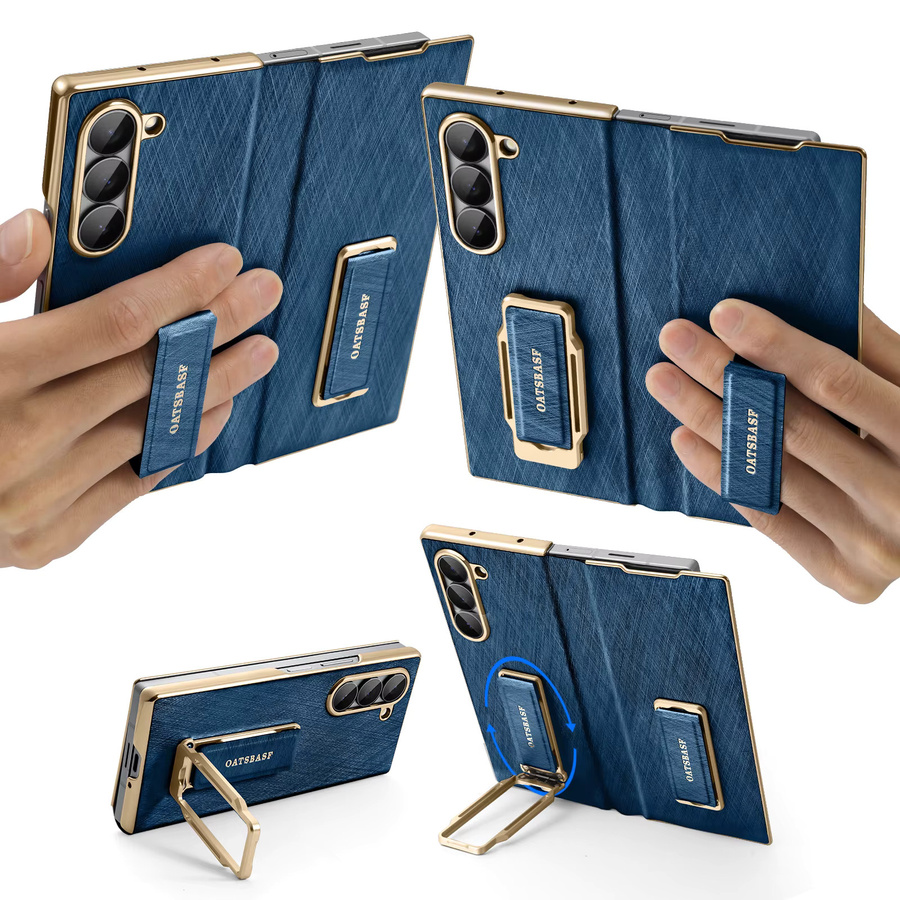 Oatsbasf Dual-Strap Leder-Handyhülle für Samsung Galaxy Fold 7 mit Trageriemen und 360 Grad Ständer in Schwarz oder Blau - Bild 7