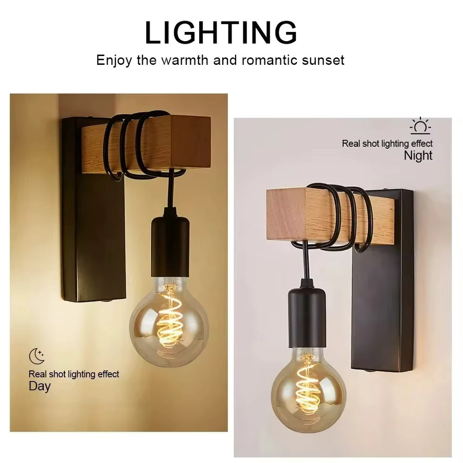 JOYINLED Retro Wandleuchte aus Holz im Industriestil mit E27 Fassung, Schwarz, Warmweißes Licht - Bild 5