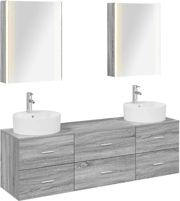 vidaXL Badezimmermöbel-Set 5-teilig in Grau Sonoma, modern mit Spiegelschrank, Waschtischunterschrank und Wandschrank aus Holz und Glas mit LED-Beleuchtung - Bild 1