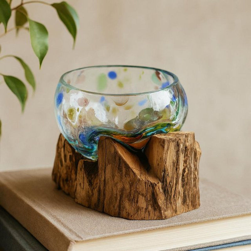 Handgeblasene Glas Schale von SHAMTAM in Multicolor auf Holzsockel, organisch und unregelmäßig geformt - Bild 1