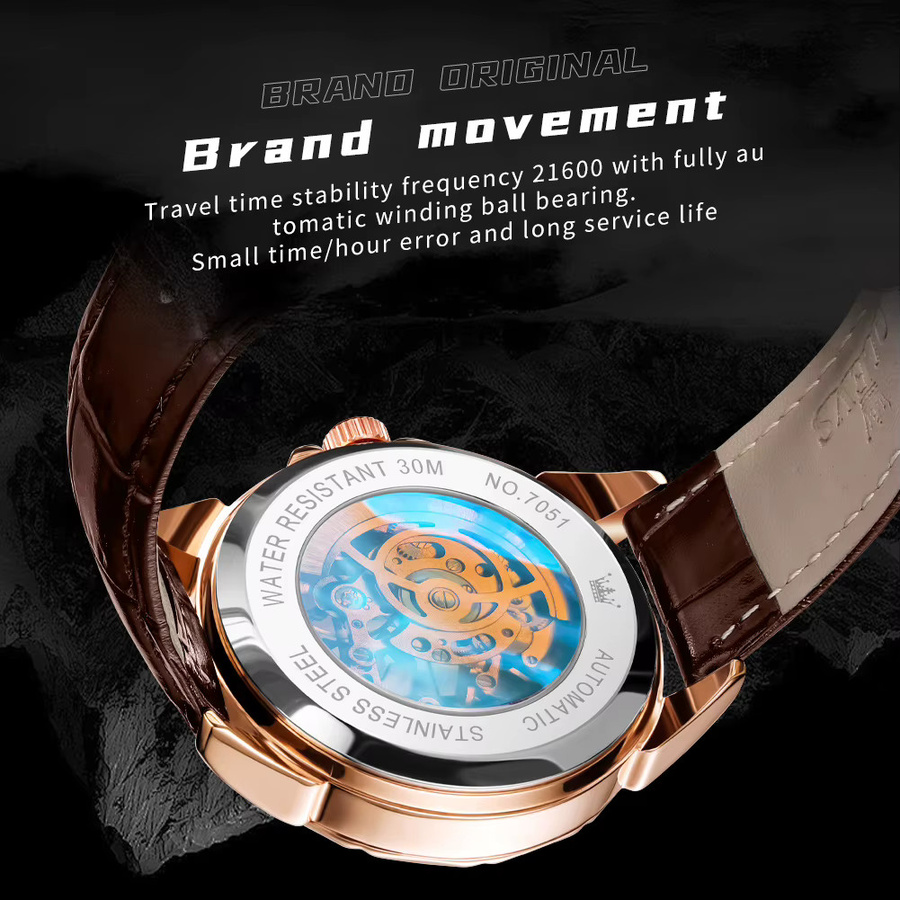 OLEVS Armbanduhr Automatik, Edelstahl, Leder, Schwarz, Herren - Bild 2