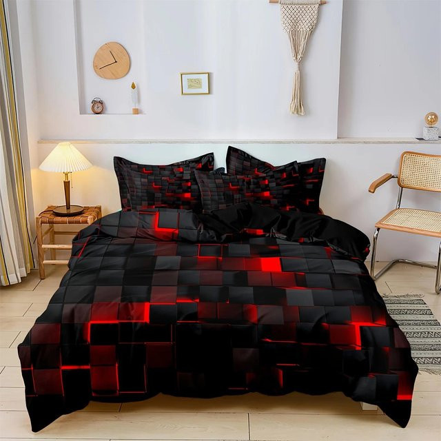 Bettwäscheset Your Warm Home mit rotem Karomuster und 3D-Druck, weiches Microfaser-Material, B/H: 173 x 218 cm - Bild 1