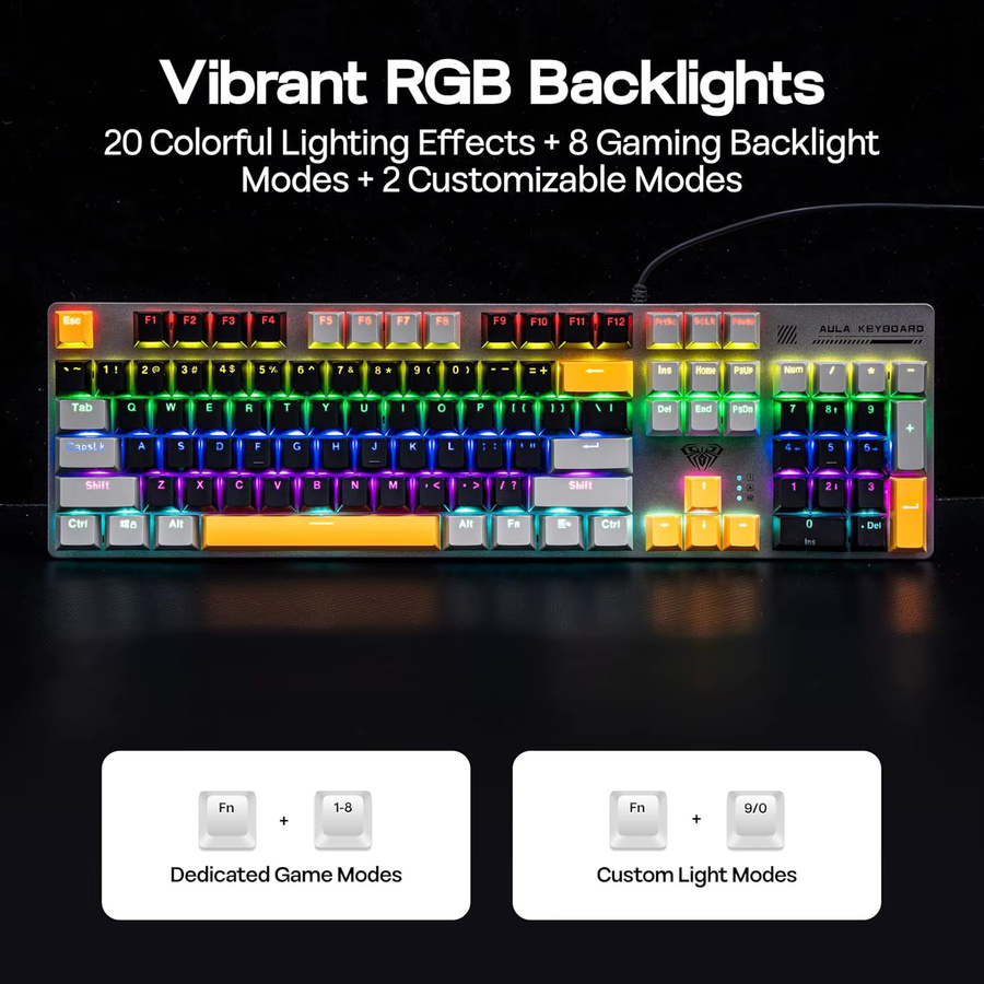 AULA S500 Mechanische Gaming-Tastatur mit 104 Tasten, RGB-Hintergrundbeleuchtung und PBT-Tastenkappen, Schwarz-Gelb-Multicolor, Kabelgebunden für PC - Bild 3