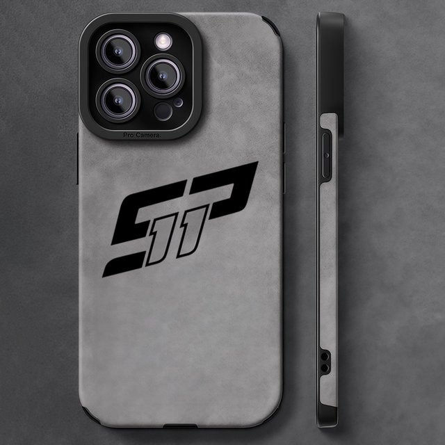 Potdemiel Stoßfeste Leder-Lammfell-Handyhülle für iPhone 17 16 Pro Max 15 14 13 Max in Grau mit Sergio Perez Formel 1 Design - Bild 1