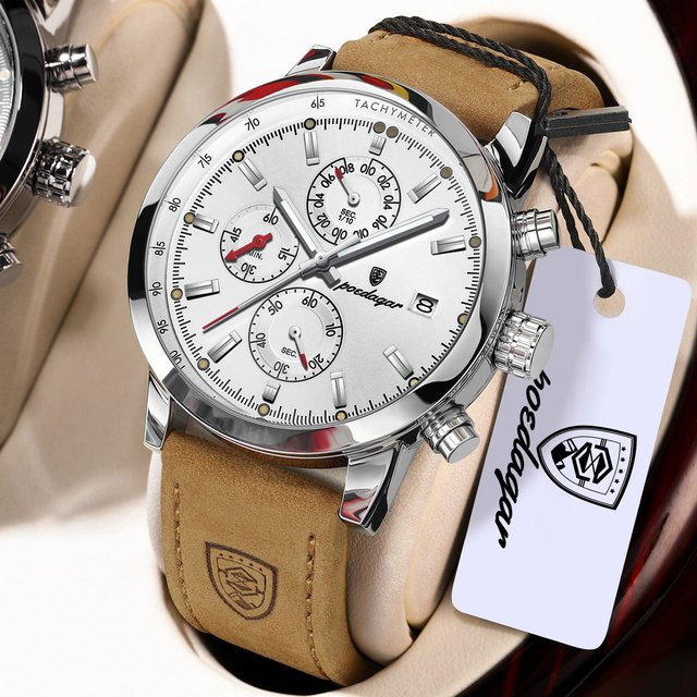 POEDAGAR Armbanduhr, Chronograph, Quarz, Leder, Herren, Schwarz - Bild 1