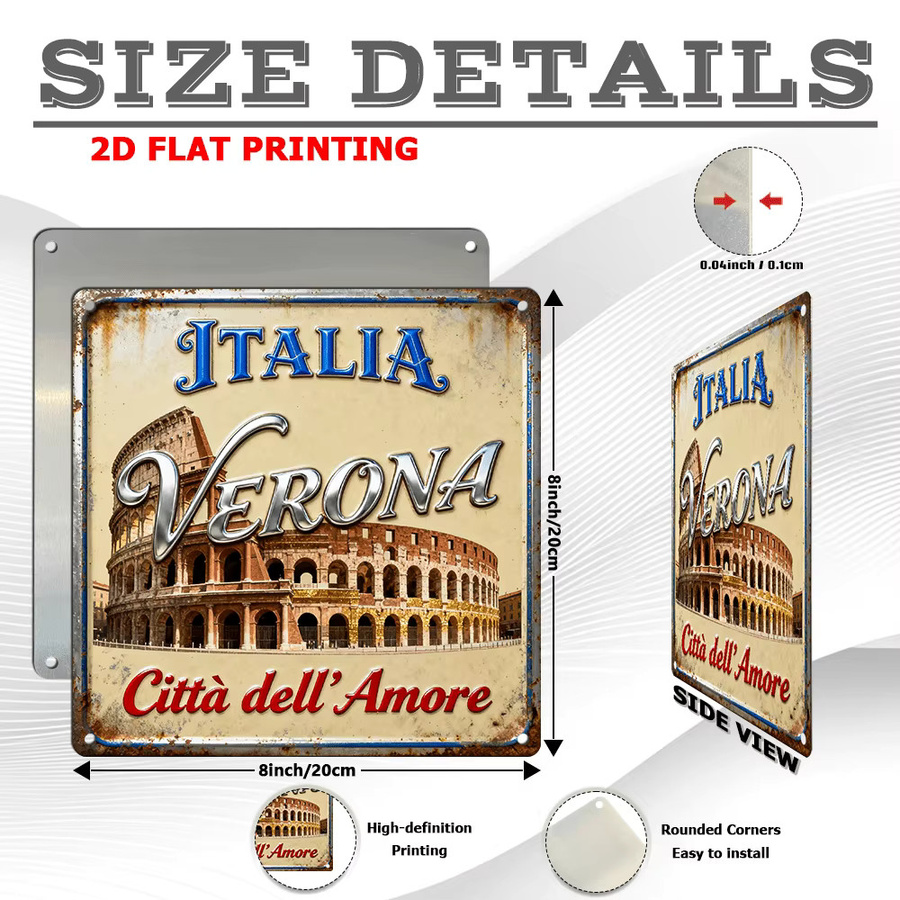 CIFBUY Metall-Wanddekoration Verona Italy Love City Vintage Aluminiumschild, Mehrfarbig, B/H: 20,3 x 20,3 cm - Bild 2