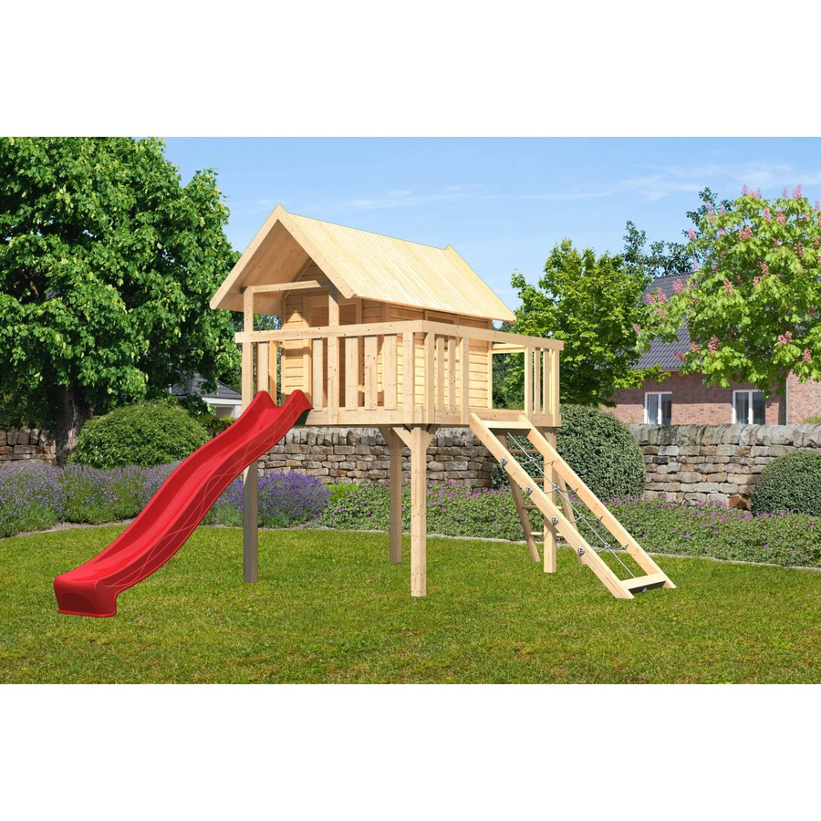Karibu Stelzenhaus Fidel Set in Natur mit roter Wellenrutsche und Netzrampe, Spielturm B/H/T: 198 x 329,5 x 243 cm, Farbe: Natur/Braun - Bild 2