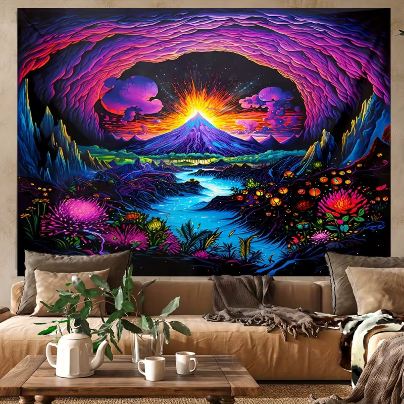 VIKAMA Trippy Wandteppich mit fluoreszierendem Farbverlauf, Vulkanhöhle Fantasielandschaft, Wandbehang für Gaming-Raum und Schlafzimmer, Mehrfarbig, Breite: 60 cm, Höhe: 40 cm - Bild 2