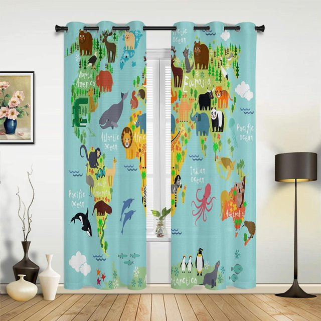 Dschungel Wald Cartoon Tier Vorhang mit Löwe und Elefant für Kinderzimmer und Wohnzimmer, Mehrfarbig, Breite: 135 cm, Höhe: 60 cm - Bild 1
