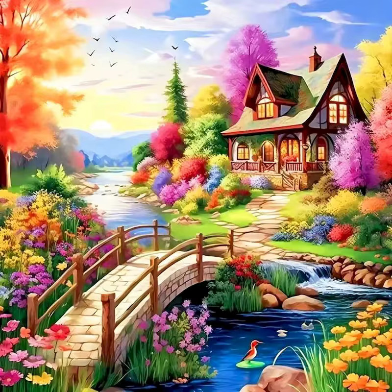 GATYZTORY 5D DIY Diamant Mosaik Dorf Landschaft Bild aus Acryl, Multicolor und Hellgrau, B/H: 25 x 25 cm - Bild 3