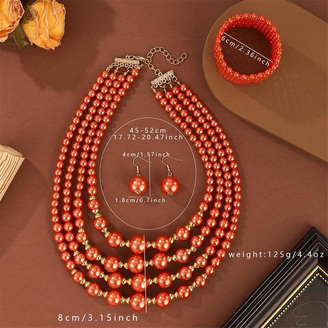 Lucky Star Jewelry Schmuck-Set, Perlenkette, Ohrringe, Armband, Zirkon, orange, Damen - Bild 1