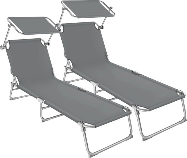 tectake 2er Set Gartenliege klappbar mit Sonnendach und verstellbarer Rückenlehne Grau B/T/H: 190 x 68 x 28 cm - Bild 2