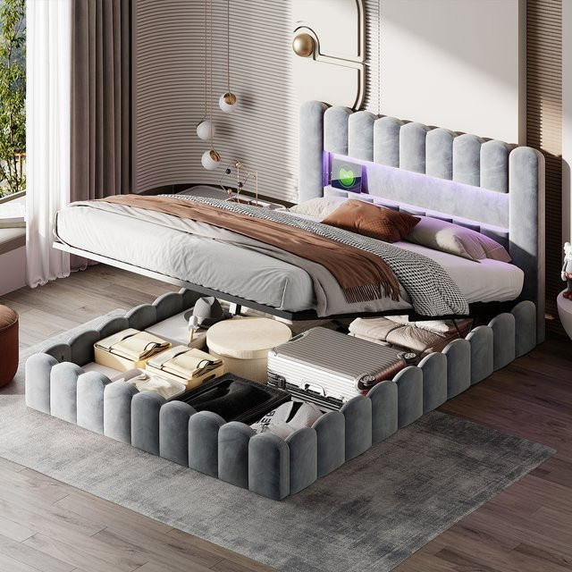 ROSAHQNDA Polsterbett mit Stauraum, Grau, B/T/H: 140 x 200 cm, modernes Doppelbett mit USB-Anschluss und LED-Beleuchtung - Bild 1