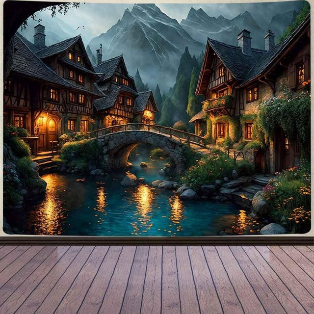 VIKAMA Wandteppich mit Fluss- und Cottage-Illustrationen in Mehrfarben als künstlerische Wanddekoration für dein Wohnzimmer oder Schlafzimmer - Bild 1