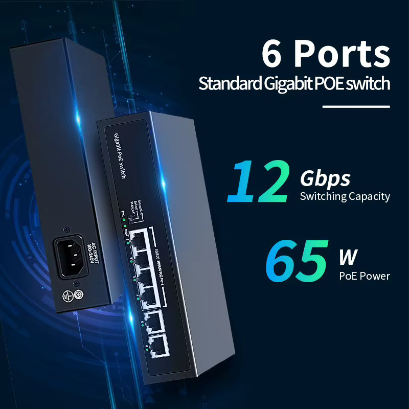 HORACO 6-Port Gigabit PoE-Switch mit 60 W Leistung für IP-Kameras und Überwachung, Schwarz - Bild 2