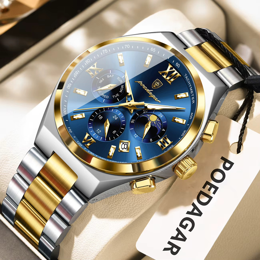 POEDAGAR Armbanduhr Quarz, Edelstahl, Blau, Herren - Bild 2