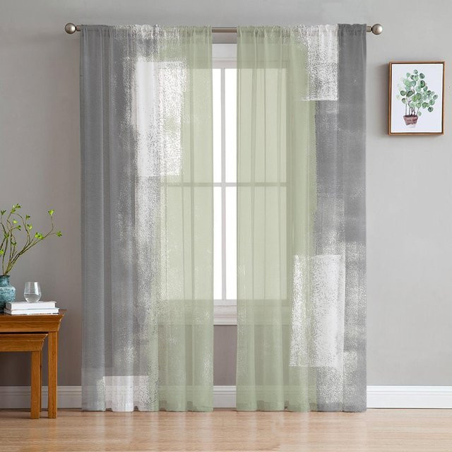 Transparente Tüll-Vorhänge in Salbeigrün mit Ölmalerei-Textur aus Polyester, Breite: 135 cm, Höhe: 137 cm - Bild 1