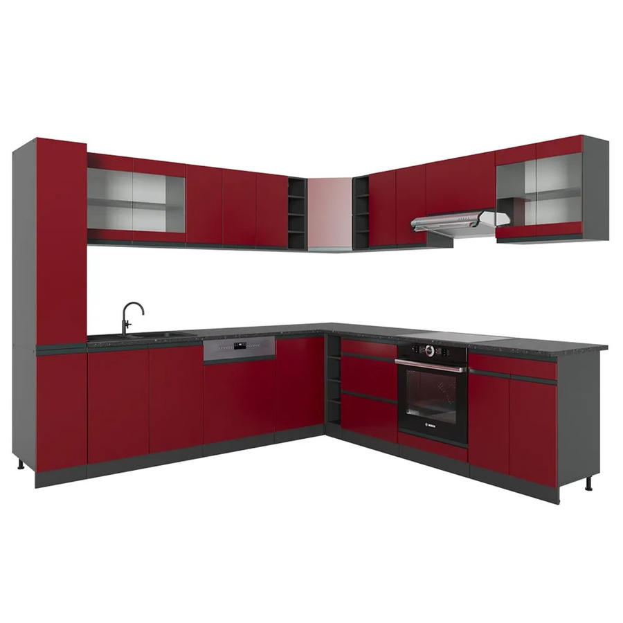 Vicco R-Line Eckküche J-Shape Einbauküche in Anthrazit und Rot, moderne Küchenschränke aus Spanplatte, B/T/H: 277 x 257 x 85 cm - Bild 3