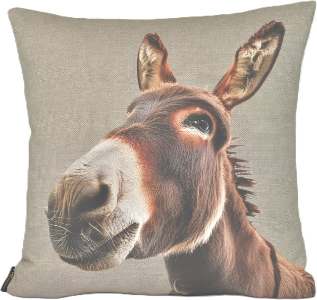 Kissen Alfred mit Esel-Motiv in Braun und Beige, quadratisch, mit abnehmbarem Baumwollbezug, Breite: 45 cm, Höhe: 45 cm, Tiefe: 45 cm - Bild 1