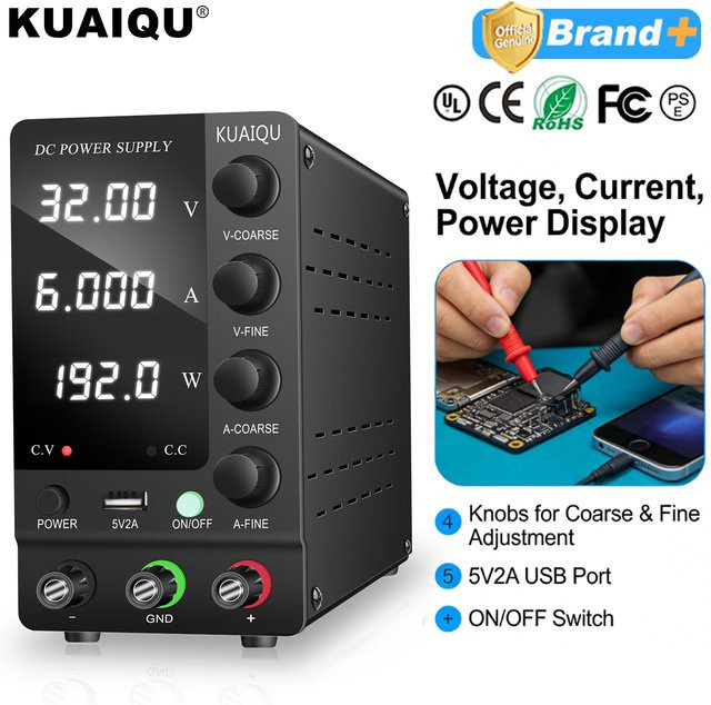 KUAIQU SPS-C3206 Labor-Netzteil mit USB-Port, einstellbare DC-Stromquelle für Telefonreparaturen, 32V 6A, Schwarz und Weiß - Bild 1