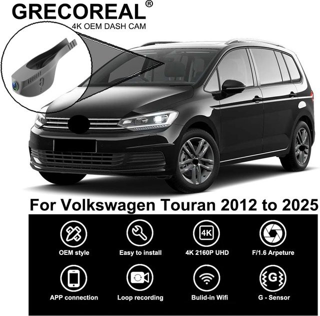GRECOREAL 4K Dash Cam Dual Dashcam Vorne und Hinten mit WiFi und App-Steuerung in Schwarz, kompatibel mit Volkswagen Touran - Bild 1